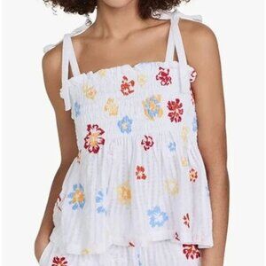 Tanya Taylor Smocked Floral Embroidered Babydoll Tie Shoulder Cotton Tank Large